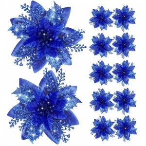 lot 20043 image: Canlierr 12 Pieces 5.7 Inch Christmas Poinsettia Flower Christmas Glitter Artificial Flower with Clips Xmas Tree Ornament for Wreath Garland Party Decor (Royal Blue)