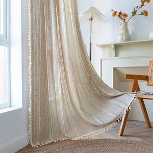 lot 20048 image: Sutuo Home Boho Curtains for Bedroom Living Room 63 Inch Length, Light Filtering French Country Farmhouse Vintage Shabby Chic Tassels Hollow Window Treatment Bohemian Drape 1 Panel 52W x 63L Natural