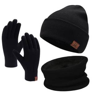 lot 20055 image: Winter Men Beanie Hat, Scarf, Touch Screen Gloves, 3 Pieces Winter Warm Clothing Set For Men, Black, One Size