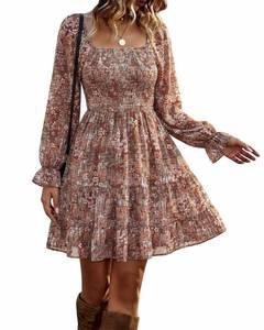 lot 20093 image: BTFBM Womens Long Sleeve Dress Summer Vacation Square Neck Smocked Floral Mini Boho Spring Wedding Guest Dresses 2026(Print Flower Brown, Medium)