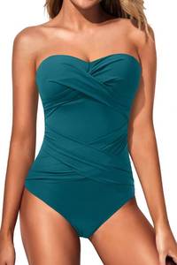 lot 20096 image: Holipick Teal Women Strapless One Piece Swimsuits Tummy Control Bandeau Bathing Suits Retro Slimming Swimwear S