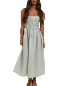 lot 20100 image: HYLLGUD Womens 2025 Summer Striped Smocked Maxi Dress Sleeveless Boho Sundress Double Strap Flowy Swing for Beach Vacation(Green-S)