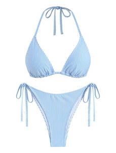 lot 20124 image: ZAFUL Textured Halter Bikini for Women 2 Piece Triangle Bikini Sets Sexy High Cut Bathing Suit Side Tie Swimsuits Blue Stripe M