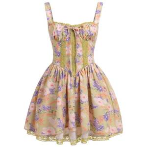 lot 20493 image: ABEHIK Womens Summer Dresses Floral Mini Boho Corset Dress Sexy Spaghetti Straps Low Cut Lace Short Bustier Dress Ruffle Flowy Going Out Wedding Guest Party A Line Casual Sundress Yellow M