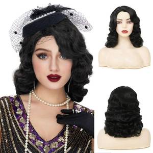 lot 20494 image: Amnenl Black Curly Finger Wave Wigs for Women Long 1920s Wig Vintage Wigs Lady Synthetic Cosplay Costume Wig