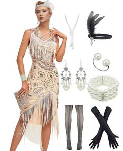 lot 20496 image: YACHARM 1920s Flapper Gatsby Sequined Beads Peacock for Women Fringed Art Deco Dress w 20s Accessories set