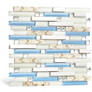 lot 1605 image: Blujellyfish Beach Style Tile Real Seashell Inside Blue Cream White Brushed Steel Art Mosaic Kitchen Backsplash Bath Decor (Pack of 5 Sheets)