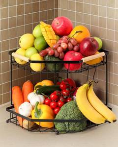 lot 1610 image: Snuvid 2 Tier Corner Fruit Basket for Kitchen Counter with Banana Hangers, Detachable Fruit Bowl with Wooden Handle, Metal Corner Rack for Fruit and Vegetable Storage, Kitchen Countertop Organizer