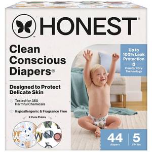 lot 1616 image: The Honest Company Comfort Dry Disposable Diapers for Sensitive Skin, Hypoallergenic, Fragrance-Free, All The Letters  Its a Pawty, Club Box, Size 5 (27 lbs), 44 Count