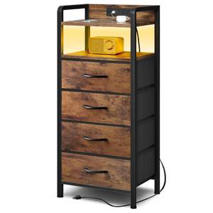 lot 1624 image: Lazzanto Night Stand Bedside Table Bedroom - Tall Nightstand with Charging Station & LED Light Strip, Bed Side Table with Storage Shelf & 4 Drawers, End Table with U-S-B Ports & AC Outlets, Brown