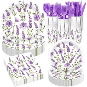 lot 1626 image: Funnymoom 400 Pcs Purple Lavender Floral Party Supplies Spring Lavender Paper Plates Napkins Cups Spoons Forks Knives for Wedding Birthday Bridal Baby Shower Party Decorations