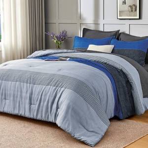 lot 1636 image: Andency Full Size Comforter Set 7 Pieces - Blue Grey Striped Lightweight Bed in a Bag, Soft Farmhouse All Season Bedding Set with Comforter, Fitted & Flat Sheet, Pillowcases & Shams