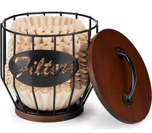 lot 1642 image: Yangbaga 8-12 Cup Coffee Filters Holder with Wood Lid,Large Capacity Coffee Filter Storage Canister Container Basket,Black Wire K Cup Storage Basket,Coffee Bar Accessories decor