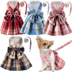 lot 2046 image: Potchen 4 Pcs Cute Plaid Dog Dress Set with Bow Tie Harness & Leash for Small Dogs, Puppy Clothes for Girls Outfits(S,Dark Color)