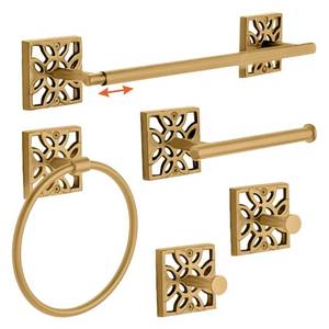 lot 2079 image: Autumn Alley 5 PC Antique Gold Modern Bathroom Accessories Set, Wall Mounted - Towel Rack, Hand Towel Ring, Industrial Toilet Paper Holder, and 2 Towel Robe Hook for Gold Bathroom Hardware Set