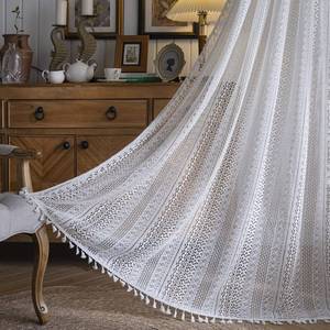 lot 2088 image: Sutuo Home Cream White Crochet Boho Curtain 84 Inches Length, Sheer Lace Handmade Tassels Knitted Window Treatment Vintage Rustic Bohemian Farmhouse Drape for Bedroom Rod Pocket 1 Panel 59 W x 84 L