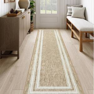 lot 2089 image: OJIA Modern Bordered Washable Runners for Hallways Printed 2X8 Kitchen Rug Non Slip, Beige Bathroom Rug Runner Low Pile Long Soft Carpet Runner for Entryway Bedroom Laundry