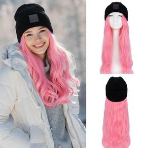 lot 2135 image: S-noilite Beanie Wig Hair Extensions,18 Inch Long Wavy Hair Extensions with Knitted Hat Wigs for Women Winter Pink