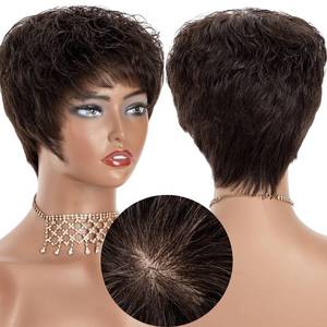 lot 4391 image: Lovenea Human Hair Pixie Cut Wig - Short Wavy Layered Wig with Bangs (Natural Black)