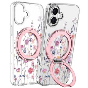 lot 4416 image: Loheckle for iPhone 17 Case with Stand- Compatible with MagSafe Women Girls Cute Clear Girly Aesthetic Unique Design Soft TPU Magnetic Ring Phone Cover for Apple 17, Purple Flower