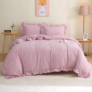 lot 5254 image: Silnuo Vintage PinkWhite Plaid Ruffle 3-Piece Duvet Cover Set Full Size,Washed Cotton Shabby Gingham Checkered Bedding Set Farmhouse Comforter Set