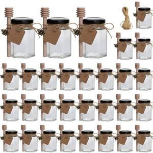 lot 5260 image: 30 Pack 4oz Honey Jars with Black Lids & Bee Pendants �� Hexagon Glass Jars for Honey, Jam, Spices, Party Favors, Wedding Gifts & DIY Projects (Includes Wooden Honey Sticks, Tags & Jute Twine)
