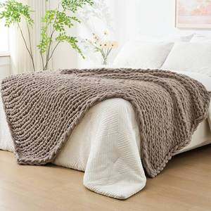 lot 6031 image: Bigacogo Chunky Knit Throw Blanket for Couch, 40x80 inches, 100% Hand Knitted with Thick Jumbo Chenille Yarn, Cozy Soft Large Rope Knot Cable Crochet Blankets for Sofa Bed Living Room, Taupe