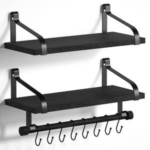 lot 6033 image: Love-KANKEI Floating Shelves for Coffee Bar,Bathroom Shelves with Towel Bar, Wall Shelves with 8 Hooks for Kitchen, Storage Shelf Set of 2 for Bedroom,Living Room��17.3 Inch Black