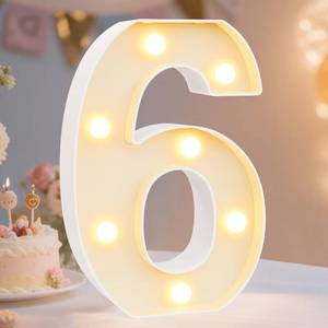 lot 6048 image: Pooqla Decorative LED Light Up Number Letters, White Plastic Marquee Lights Sign Party Wedding Decor, Battery Operated (6)