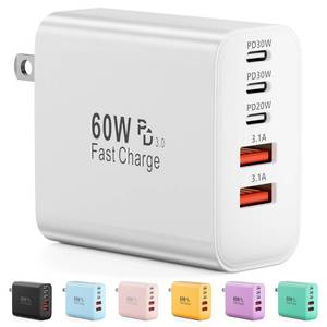 lot 6086 image: USB C Charger Block, 60W 5-Port Type C Charger Fast Charging Block, USBC USB Multiple Port Wall Charger Plug Adapter for iPhone 17Air161514131211 Pro Max, Samsung Galaxy, iPad, Tablet (White)