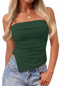 lot 6137 image: PRETTYGARDEN Going Out Tube Tops for Women Trendy Summer 2026 Asymmetrical Ruched Strapless Bandeau Shirts Spring Clothes (Green,X-Small)