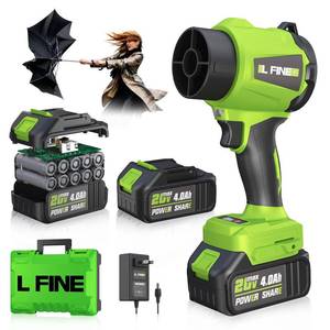 lot 9357 image: Leaf Blower Cordless - Lightweight Electric Handheld Blower with Battery and Charger, 3 Speed Mode, Blowers for Lawn Care, Patio Cleaning, Dust Cleaner, Snow Blower (Green)(Powers on but broken fan, see photo.)
