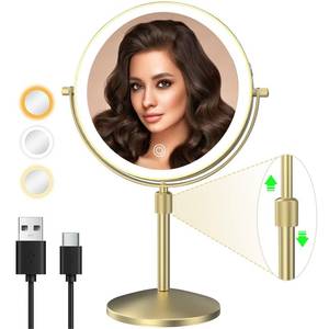 lot 9362 image: MIROAMZ 8 Lighted Makeup Mirror, 1X10X Magnification Mirror with Lights, Double Sided Dimmable Mirrors, Rechargeable & Brightness & Height Adjustable, Cordless Vanity Mirror(Gold)