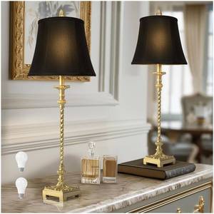 lot 9364 image: 33 Tall Vintage Table Lamp Set of 2, Candle Stick Buffet Lamps with Gold Leaf Finish and Black Linen Shades, 3-Way Dimmable Bulbs Included, Nightstand Lamps for Living Room Bedroom Dinning Entryway