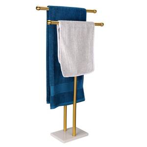 lot 9383 image: WAYDELI Standing Towel Rack Double-T Shape Tall Bath Towel Sheet Holder with Marble Design Base for Bathroom 2 Tier Towel Holder Stand Stainless Steel (Brushed Gold)