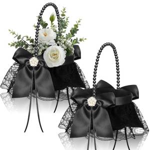 lot 9391 image: Suttmin 2 Pcs Wedding Flower Girl Basket, Flower Basket for Wedding Ceremony Satin Rhinestone with Handle for Petals Confetti Banquet Home Decoration Gothic Western Party (Black,Lace and Pearl)