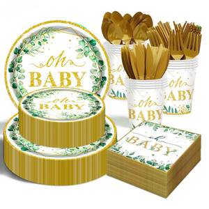 lot 9393 image: Sage Greenery Baby Shower Party Supplies - 350 PCS Gender Neutral Disposable Dinnerware Set (50 Guest) with OH Baby Paper Plates and Cups and Napkins Sets for Baby Girl Boy Shower Decorations