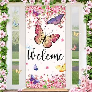 lot 10435 image: Welcome Spring Door Cover Butterfly Door Banner Decorations Sakura Flowers Front Door Cover Seasonal Spring Summer Porch Banner Sign Photo Background for Indoor Outdoor Party Decor 72.8 x 35.4 Inch