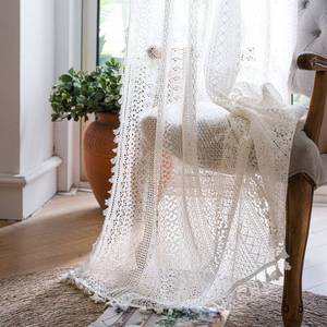lot 10451 image: WAZZIO Boho Lace Curtains 63 Inches 2 Panel,Light Filtering Privacy Tassel & Geometry Crochet Semi Sheer Curtain Drapes for Bedroom Living Dining Room,Rod Pocket & Tassel,Victorian Decor,Off White