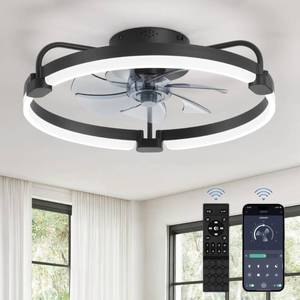 lot 11471 image: LEDIARY Ceiling Fans with Lights and Remote, 20 Low Profile Ceiling Fan with Light, 3000-6000K Dimmable Fandelier LED Fan Light, 6 Wind Speeds, Black Modern Flush Mount Ceiling Fan for Bedroom (Used)