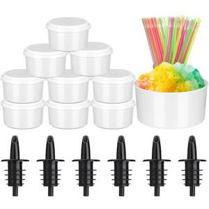 lot 11475 image: Reallnaive Shaved Ice Supplies 10 Pcs Hawaiian Freezer Molds with Lids 6 Pcs Syrup Bottle Pourers 50 Spoon Straws for Snow Cone & Drink Flavors for Kitchen Family Shaved Ice Making (No Syrup Pourrers)