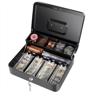 lot 11486 image: Cash Box with Money Tray and Key Lock, Saving Lock Box with Money Tray Storage for Cash Register 11.8x9.45x3.54 Black XL Large (No Key)