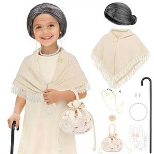 lot 12254 image: AOTHSO 100 Days of School Old Lady Costume for Girls Women Granny Grandma Dress Up with Shawl Kids 100th Day Cosplay Outfit