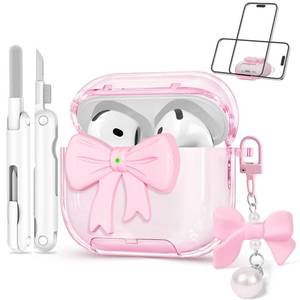lot 12262 image: Joremx for Airpods 4 Case Pink 2024 with Safety Lock & Phone Stand, 3D Bow Clear iPod 4 Cases with Cute Keychain & Cleaning Kit, Soft TPU Cover for AirPods 4th Generation Case Girls Women