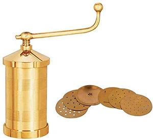 lot 12333 image: Sahishnu Online & Marketing Brass Sev Sancha Maker, Murkul Maker, Manual Pasta Maker,Shev Maker, Gathiya Murukulu Janthikulu Maker Machine with 6 Different Jali - Brass