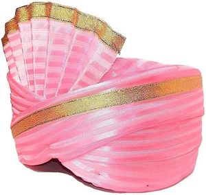 lot 12337 image: Indian Wedding Cotton Silk Traditional Barat Swagat Turban Sehra Pagdi for Men and Women Wedding Item, Pack Of 1 (Pink)