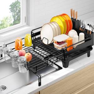 lot 13559 image: Urackify Dish Drying Rack - Extendable Dish Drainer, Large Dish Rack for Kitchen Counter, Rustproof Dish Strainer with Utensil Holder and Cups Holder, 1 Tier Black