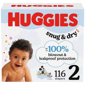 lot 13566 image: Huggies Size 2 Diapers, Snug & Dry Baby Diapers, Size 2 (12-18 lbs), 116 Count, Packaging May Vary
