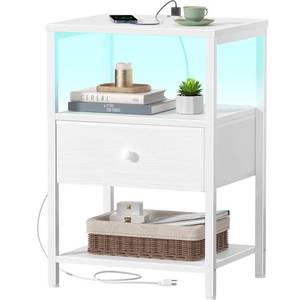 lot 13571 image: BOLUO White Nightstand with Charging Station, LED Night Stand with Fabric Drawers and Shelf, Bedside Table with USB Ports and Outlets, Bedroom Nightstand Modern
