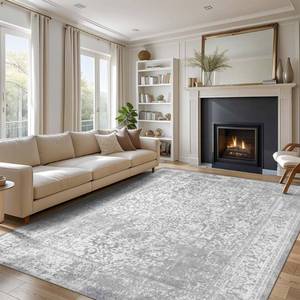 lot 13598 image: vivorug 6x9 Neutral Area Rugs, Stain Resistant Washable Rug for Living Room, Vintage-Inspired (IvorySilver, 6x9)
